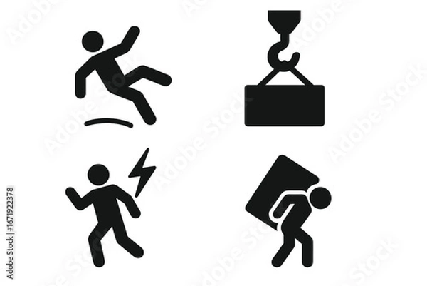 Fototapeta Hazard safety icons set. Workplace safety and warning signs. Slippery floor, falling object, electrical shock and heavy lifting hazard symbols. Occupational health vector.