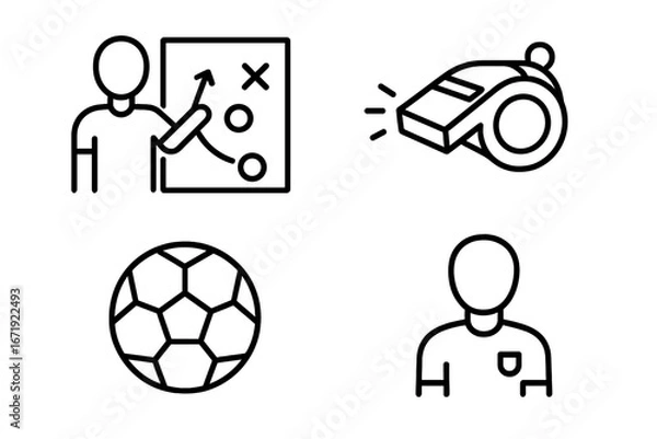 Fototapeta Sports and coaching outline icon set with training tactics, referee whistle, soccer ball, and coach figure, vector cartoon illustration, transparent background, linear symbols