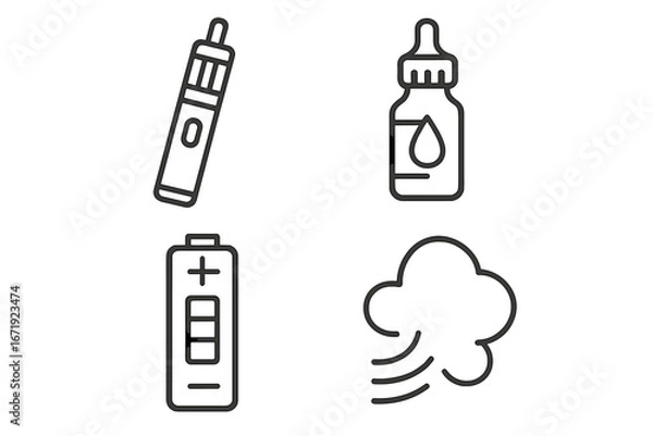 Fototapeta Vaping and e-cigarette essentials linear icon set, vape battery, liquid bottle, vapor cloud vector cartoon illustration, modern electronic cigarette collection, transparent background
