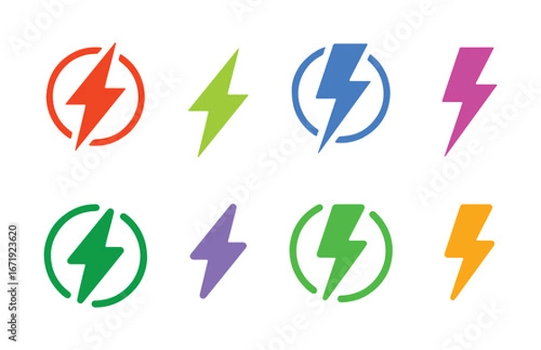 Obraz Thunderbolt flat style vector symbol collection. Lightning bolt vector set. 