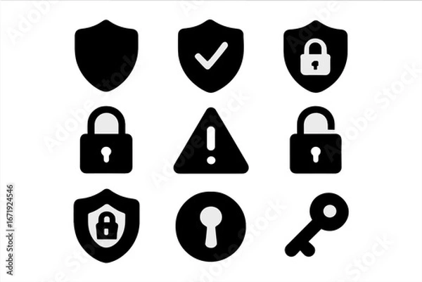 Obraz Security and protection solid glyph icon set. Safety, defense, and privacy concept symbols. Vector collection of shield, lock, key, alert, and checkmark signs for web design.