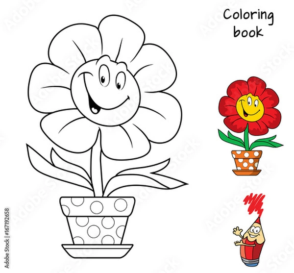 Fototapeta Funny smiling flower in a flowerpot. Coloring book. Cartoon vector illustration