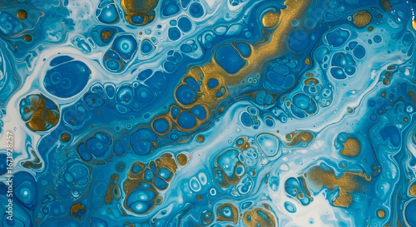Fototapeta Abstract fluid art with swirling patterns in shades of blue and white, accented with shimmering gold inclusions, creating a mesmerizing and organic visual texture, resembling liquid movement.