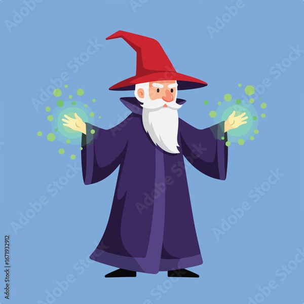 Obraz Wizard Casting Magic Spells Against a Blue Background Illustration