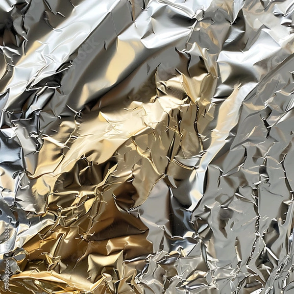 Fototapeta Reflective crumpled foil showcasing light and texture in a close-up view suitable for abstract art, generative ai