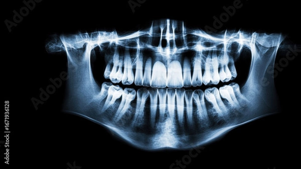 Obraz X-ray image of human teeth and jaw structure on a black background.