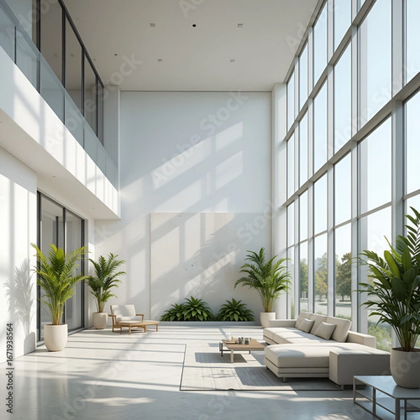 Obraz Modern Minimalist Living Room Interior with Large Windows and Indoor Plants
