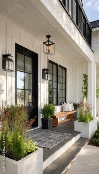 Fototapeta White farmhouse porch with black accents