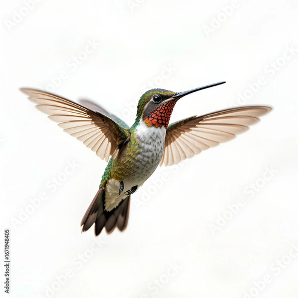 Obraz Ruby-Throated Hummingbird in Flight Isolated on White Background
