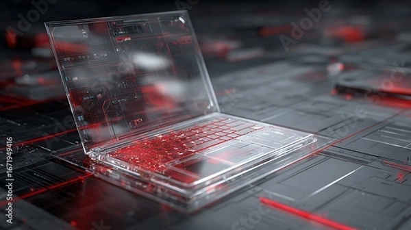 Fototapeta Futuristic Transparent Laptop Concept with Red Digital Lines and Circuits