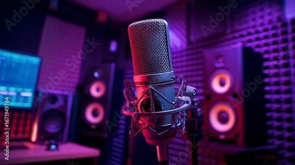 Fototapeta Microphone in Recording Studio Illuminated with Neon Lighting and Soundproofing