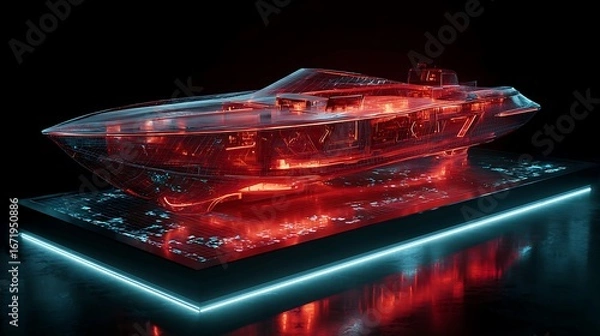 Fototapeta Futuristic Yacht Design Illuminated with Red and Blue Neon Glow