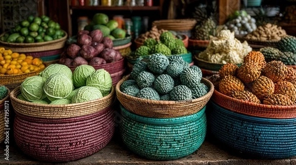 Obraz Fresh produce at market with shoppers and colorful woven baskets