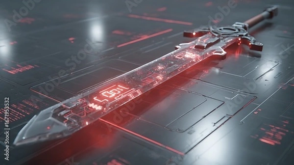 Fototapeta Futuristic Sword with Glowing Blade on Technological Surface Sci-fi Concept