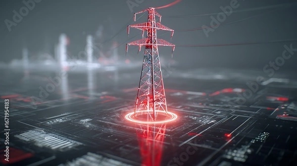 Fototapeta Power Transmission Tower with Red Glow on Futuristic Grid Background
