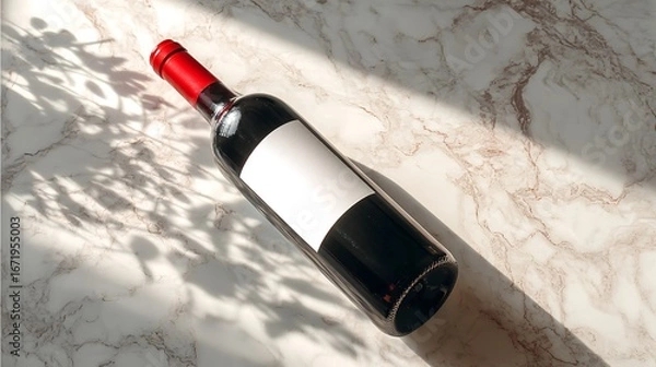 Fototapeta Red Wine Bottle Laying on Marble with Light and Shadow