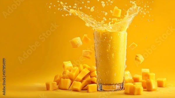 Fototapeta Refreshing Mango Juice with Splash and Fresh Mango Chunks Still Life