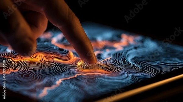Fototapeta Finger Touching Digital Topographic Map on Tablet Display for Analysis