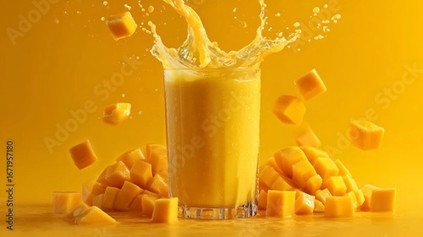 Fototapeta Refreshing Mango Smoothie Splash with Fresh Cubes on Yellow Backdrop