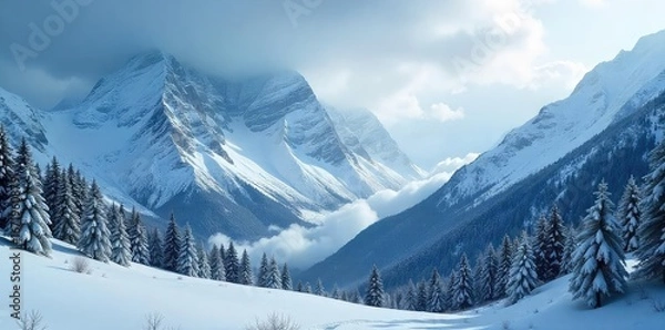 Fototapeta A majestic mountain range shrouded in a heavy snowstorm, with snowdrifts blanketing the peaks and valleys The fierce winter weather creates a dramatic and powerful scene , powerful, picturesque