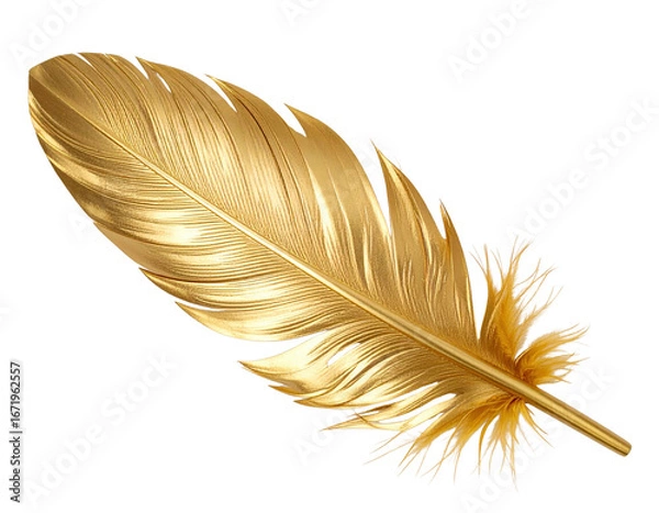 Fototapeta Golden Feather: A close-up shot of a single, lustrous golden feather, its intricate details and delicate barbs rendered with exceptional clarity and elegance.
