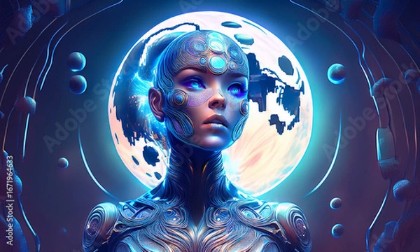 Fototapeta futuristic woman   robot with space background ,  innovation world concept