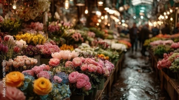 Obraz Flower market filled with vibrant floral displays and shoppers browsing