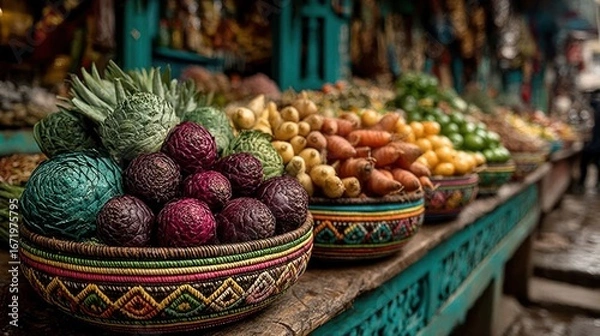 Obraz Fresh produce at market with shoppers and colorful woven baskets