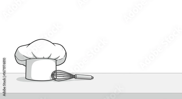 Obraz A classic white chef's hat and a wire whisk, depicted in a clean, monochrome line art illustration style.