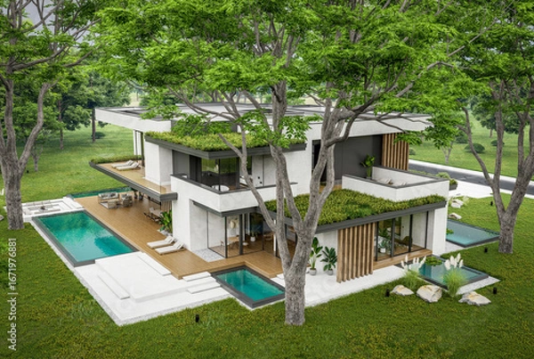 Fototapeta 3d rendering of two-story house with parking and pool for sale or rent with concrete facade and beautiful landscaping. Cloudy white sky overcast, soft shadows