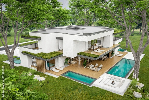 Fototapeta 3d rendering of two-story house with parking and pool for sale or rent with concrete facade and beautiful landscaping. Cloudy white sky overcast, soft shadows