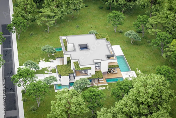 Fototapeta 3d rendering of two-story house with parking and pool for sale or rent with concrete facade and beautiful landscaping. Cloudy white sky overcast, soft shadows