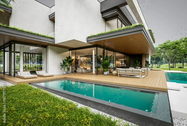 Fototapeta 3d rendering of two-story house with parking and pool for sale or rent with concrete facade and beautiful landscaping. Cloudy white sky overcast, soft shadows