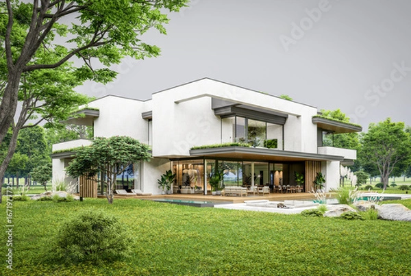 Fototapeta 3d rendering of two-story house with parking and pool for sale or rent with concrete facade and beautiful landscaping. Cloudy white sky overcast, soft shadows