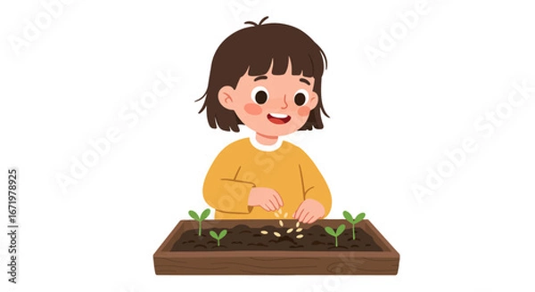 Obraz Cheerful child planting seeds in a wooden planter box with sprouts