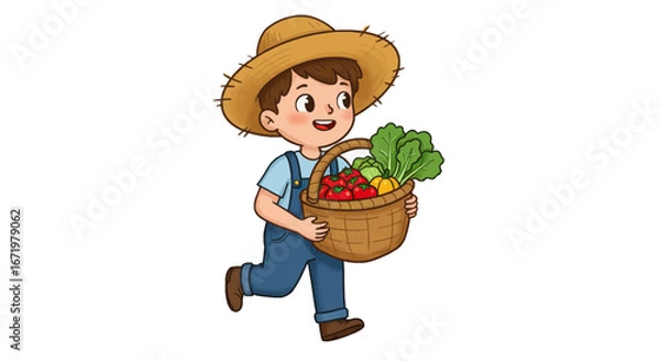 Obraz Cheerful Cartoon Farmer Boy Carrying Basket of Fresh Vegetables
