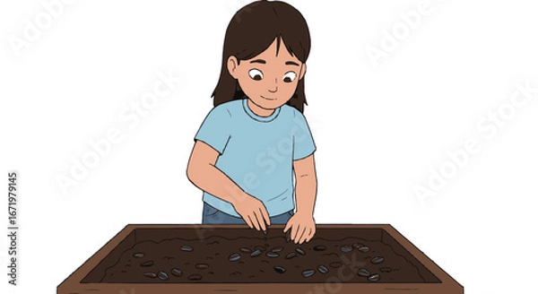 Obraz Young girl planting seeds in a wooden planter box with soil