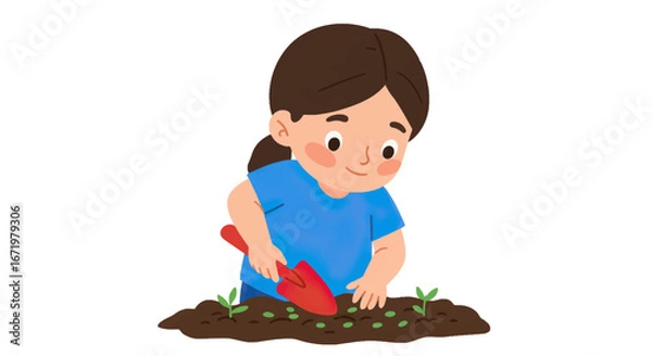 Obraz Smiling cartoon girl with a ponytail and blue shirt planting seeds with a red trowel.