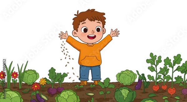 Obraz Cheerful Boy Planting Seeds in Garden, Smiling with Open Arms.