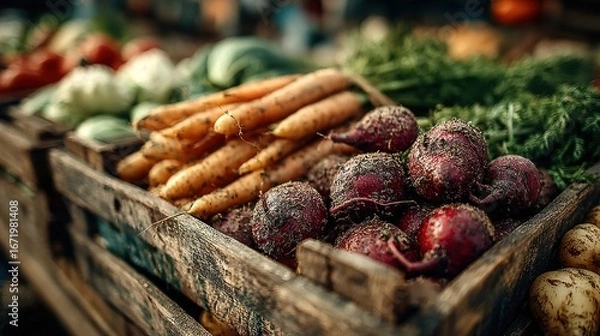 Obraz Fresh vegetables in wooden crates at farmers market during sunset