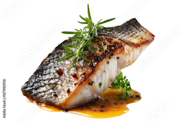 Fototapeta Grilled or pan-seared native Australian Barramundi fish fillet with crispy skin, garnished with fresh herbs and lemon wedge, isolated on white background, concept of gourmet seafood dish