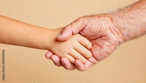 Fototapeta Child and elder hand holding together close up on beige background
