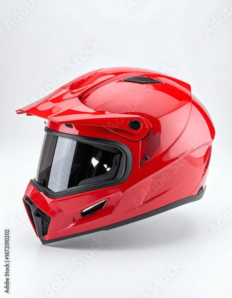 Fototapeta A shiny red full-face helmet with a dark visor and a peak, presented against a plain white background.