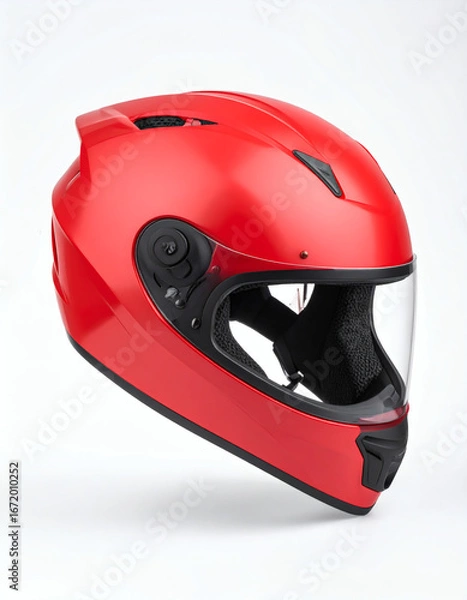 Fototapeta A red full-face motorcycle helmet with a clear visor and black accents, presented against a plain white background.