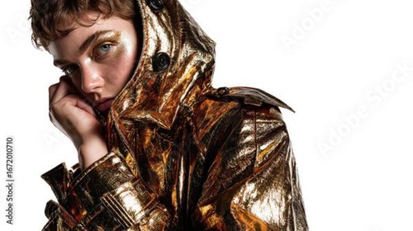 Fototapeta High fashion photography featuring a model in a bold, metallic trench coat, isolated on a Transparent background, PNG file.