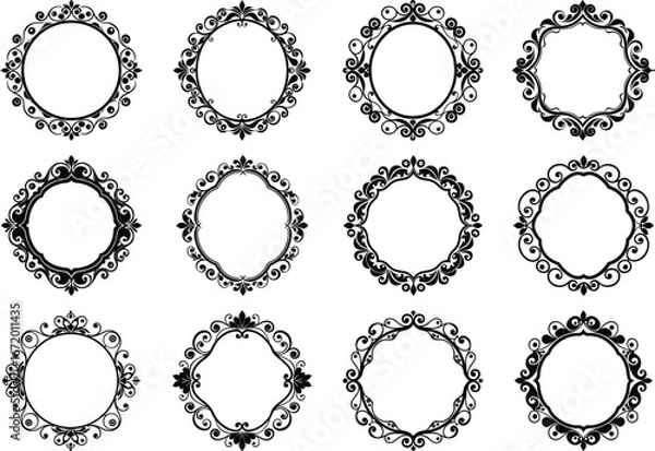 Obraz Vector art of set of twelve ornate circular and oval decorative frames and borders