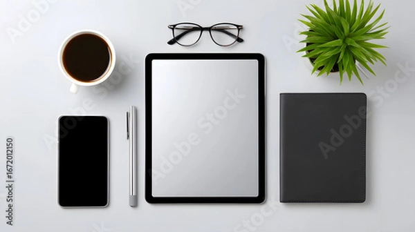 Fototapeta A neatly organized office desk with digital devices and accessories. long_title:A minimalist office desk setup featuring a digital tablet, coffee