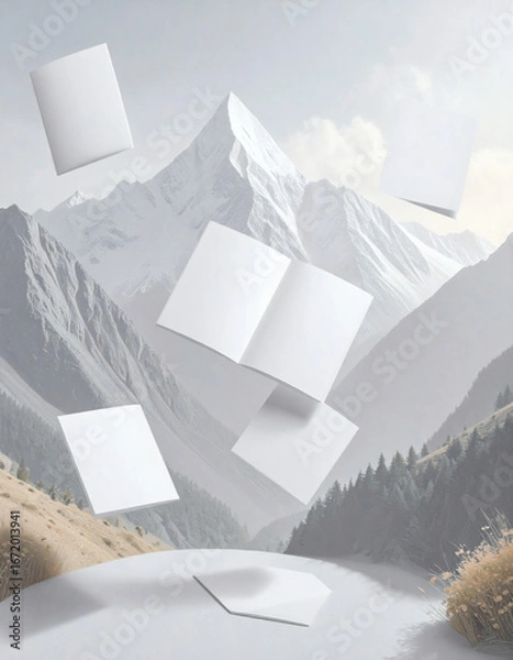 Fototapeta Blank white papers floating in a serene, snow-capped mountain valley with a misty atmosphere, ideal for design mockups.