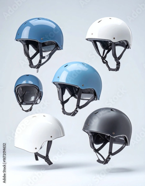 Fototapeta Variety of colorful and stylish helmets for various sports and activities.