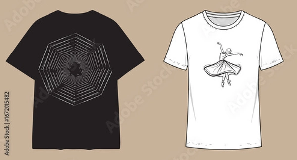 Fototapeta Two t shirts one black with intricate geometric design and one white with sketchy artistic illustration